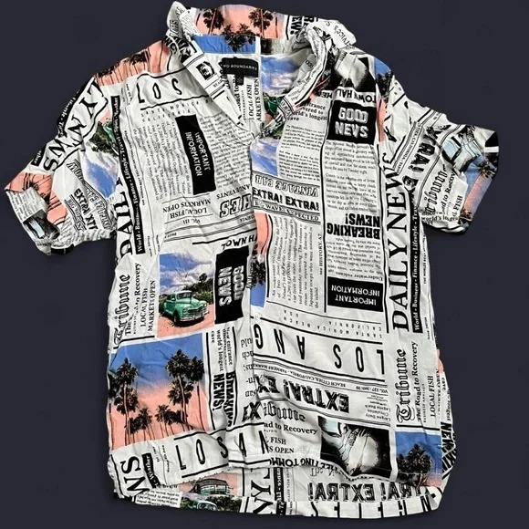 NWOT Newspaper Print Short Sleeve Shirt in White with Blue & Pink Accents - Picture 2 of 4